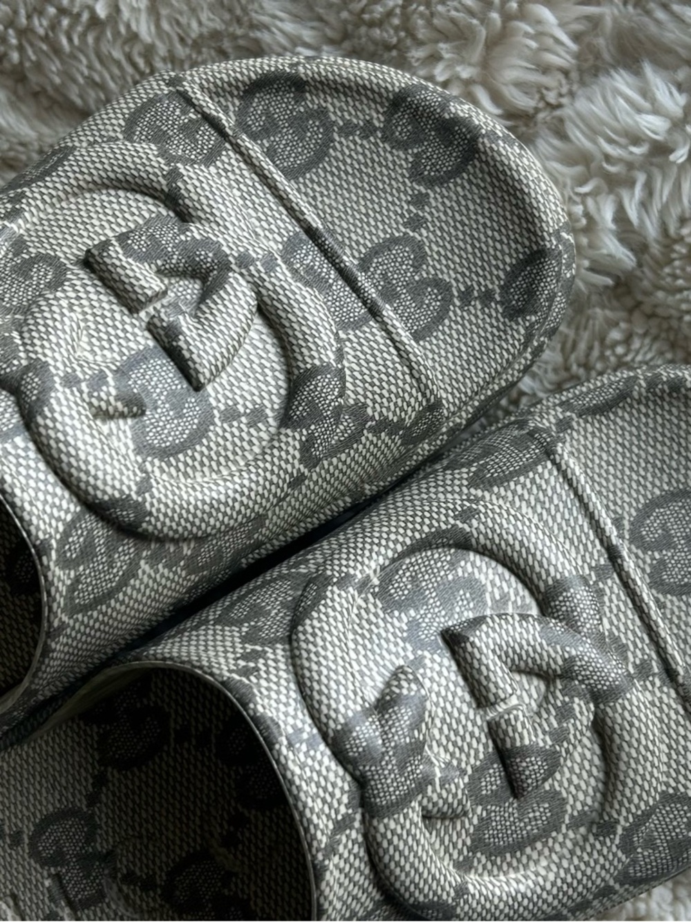 Gucci Beige Gray Monogram Canvas Slide Sandals